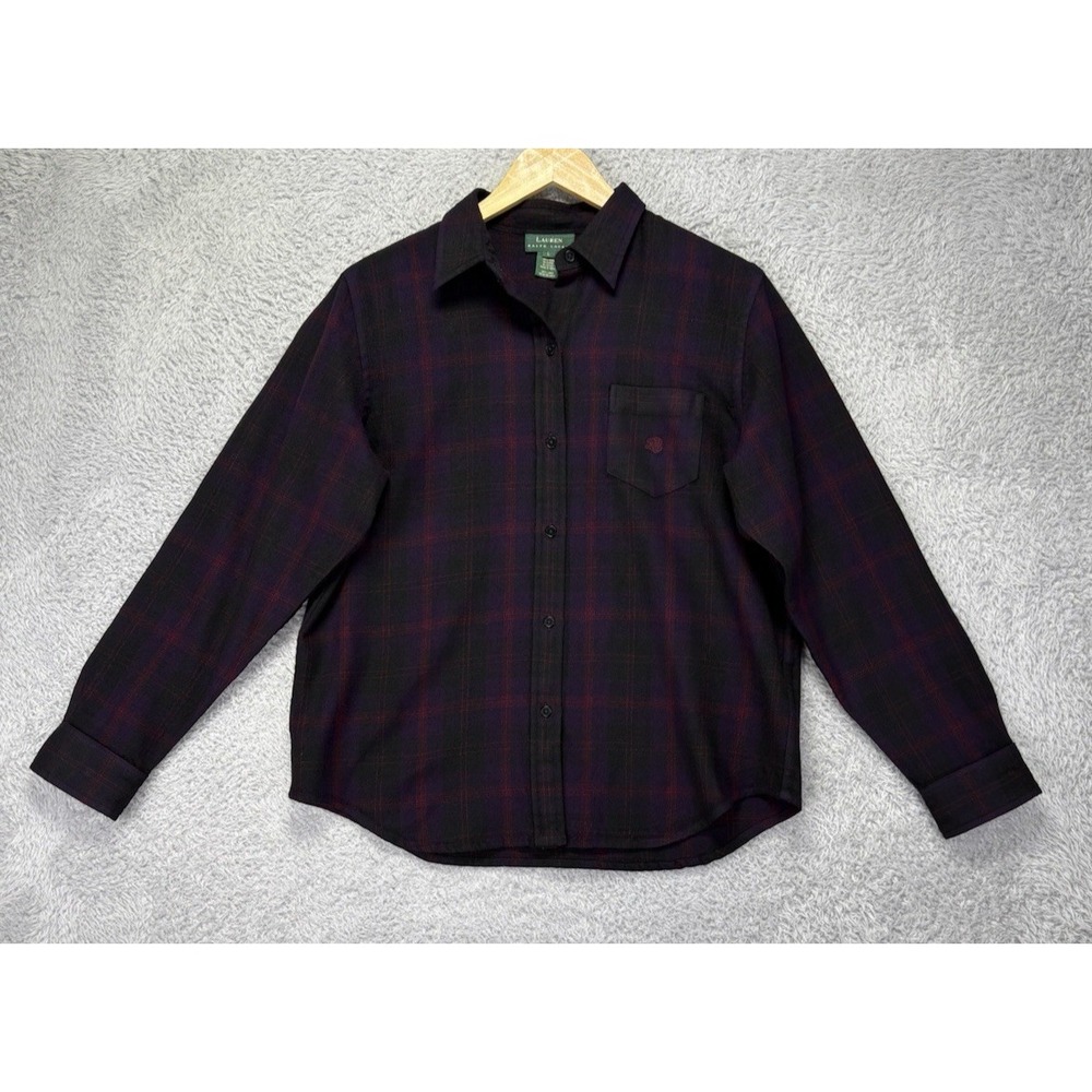 Lauren Ralph Lauren Womens L 100% Wool Plaid Shirt Purple Black Button Up